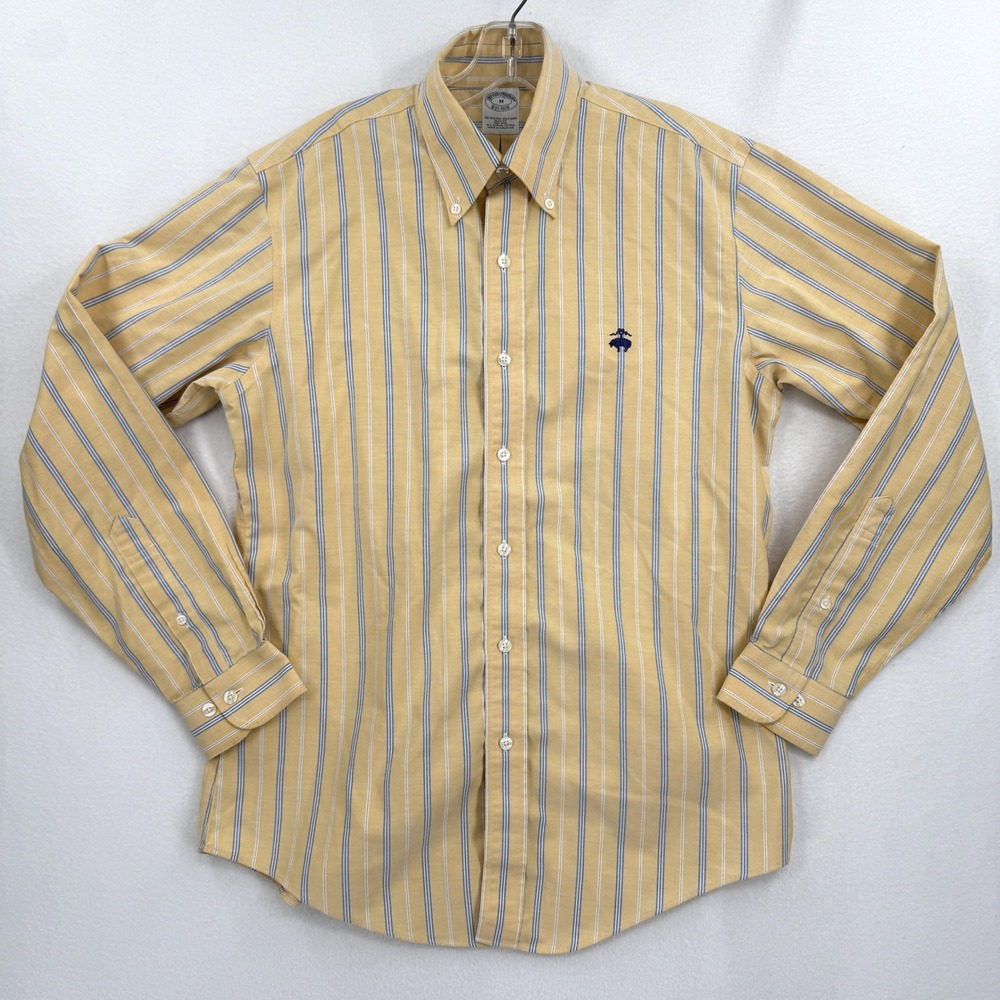Brooks Brothers Button Down Shirt Men Medium Yellow Blue Striped Slim Fit Cotton